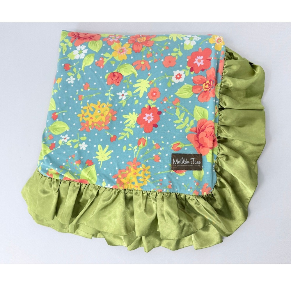 Matilda Jane Floral Baby Blanket Blue Green Ruffle Satin Trim 56x56